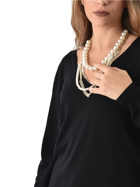 MAGLIA CON SCOLLO A V E FIOCCO LATERALE DONNA NERO