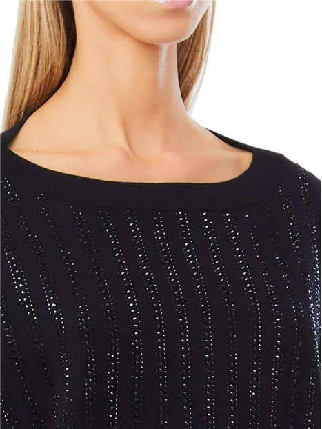 MAGLIA CON SCOLLO A BARCA E STRASS APPLICATI DONNA NERO