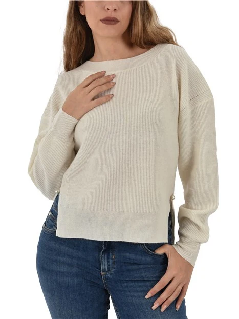 MAGLIA SCOLLO A V IN LANA E CASHMERE CON SPACCHI DONNA BIANCO