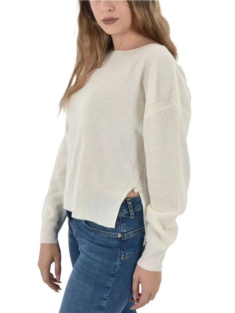 MAGLIA SCOLLO A V IN LANA E CASHMERE CON SPACCHI DONNA BIANCO