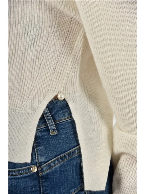 MAGLIA SCOLLO A V IN LANA E CASHMERE CON SPACCHI DONNA BIANCO
