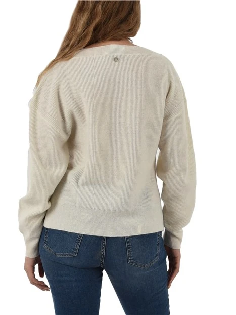 MAGLIA SCOLLO A V IN LANA E CASHMERE CON SPACCHI DONNA BIANCO