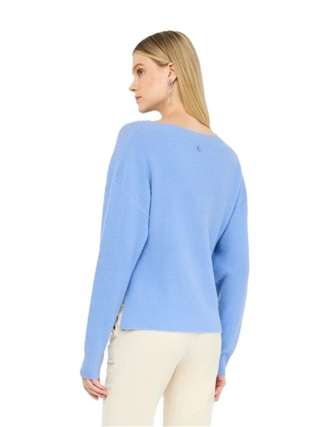 MAGLIA SCOLLO A BARCA IN LANA E CASHMERE CON SPACCHI DONNA AZZURRO
