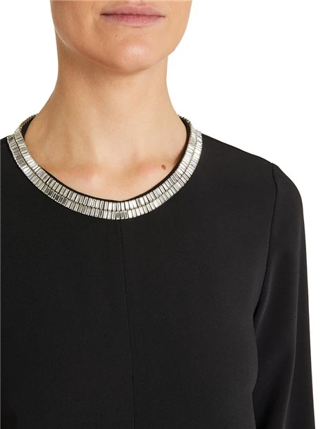 VESTITO CORTO CON STRASS SUL GIROCOLLO DONNA NERO