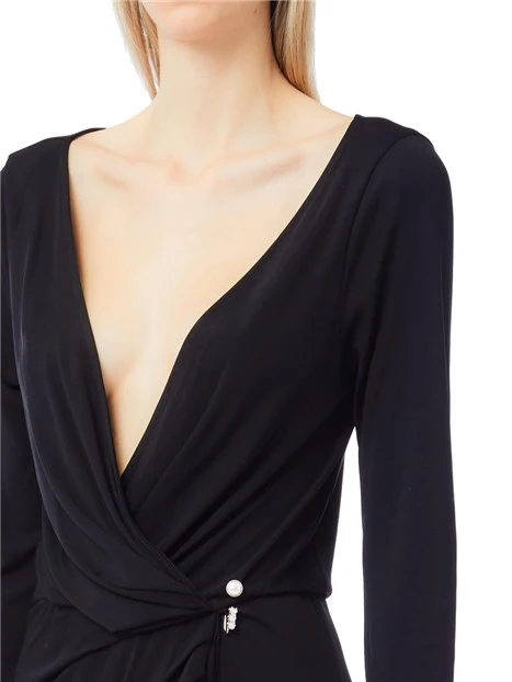 VESTITO LUNGO CON SCOLLO A V CON PERLA APPLICATA DONNA NERO