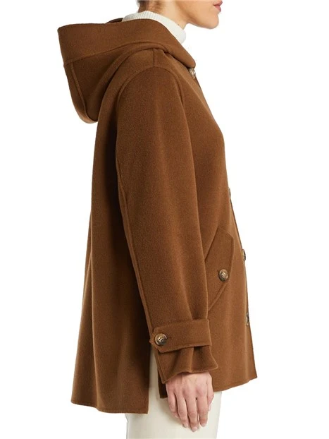 CAPPOTTO LUNGO MISTO LANA CON CAPPUCCIO DONNA MARRONE