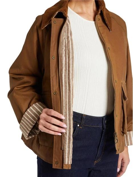 GIACCA IN COTONE CERATO CON FODERA A RIGHE DONNA MARRONE