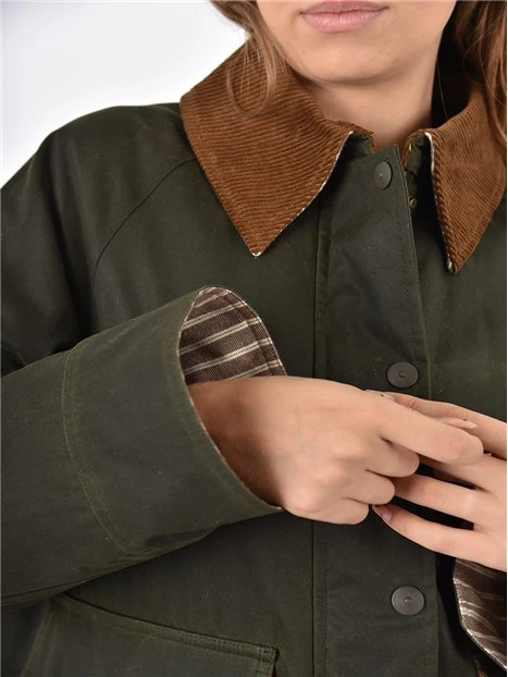 GIACCA IN COTONE CERATO CON FODERA A RIGHE DONNA VERDE