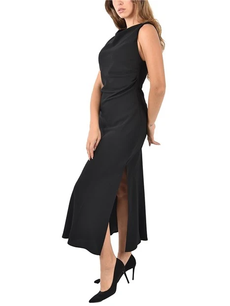 VESTITO LUNGO SMANICATO CON SPACCO LATERALE E CERNIERA POSTERIORE DONNA NERO