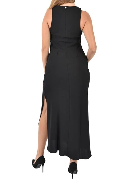 VESTITO LUNGO SMANICATO CON SPACCO LATERALE E CERNIERA POSTERIORE DONNA NERO