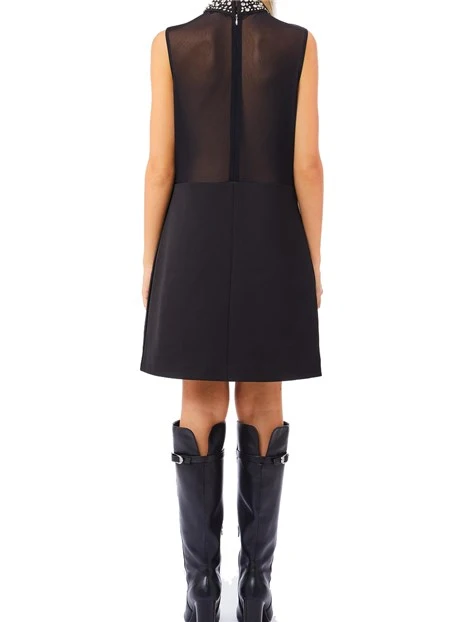 VESTITO CORTO CON COLLO ALTO E STRASS APPLICATI  DONNA NERO