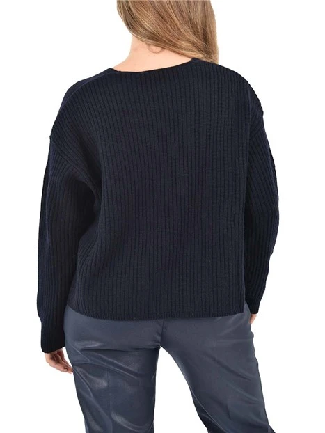 MAGLIA CON SCOLLO A V IN MISTO LANA DONNA BLU
