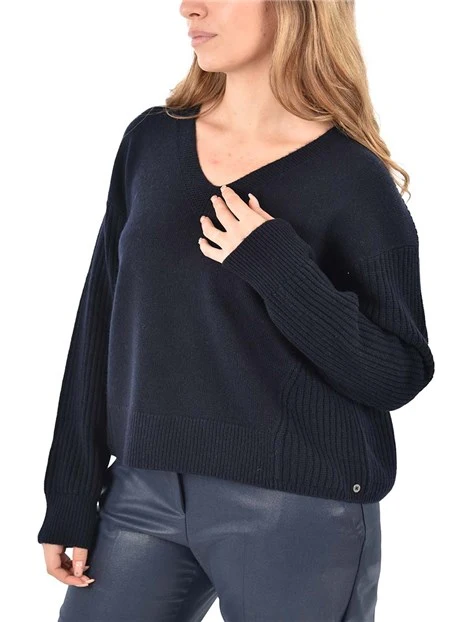 MAGLIA CON SCOLLO A V IN MISTO LANA DONNA BLU