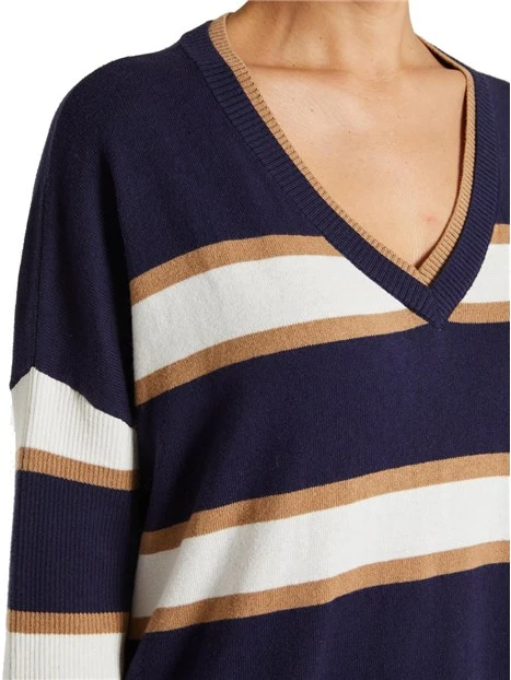 MAGLIA CON SCOLLO A V A RIGHE DONNA BLU