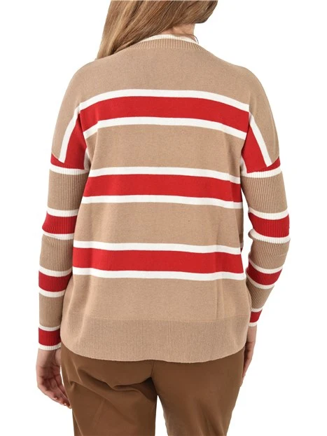 MAGLIA CON SCOLLO A V A RIGHE DONNA AVORIO