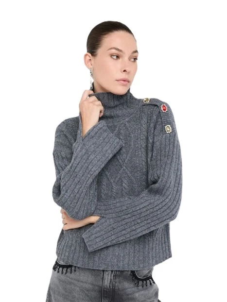 MAGLIA DOLCEVITA DONNA CON LAVORAZIONE A TRECCE E BOTTONI GIOIELLO DONNA GRIGIO