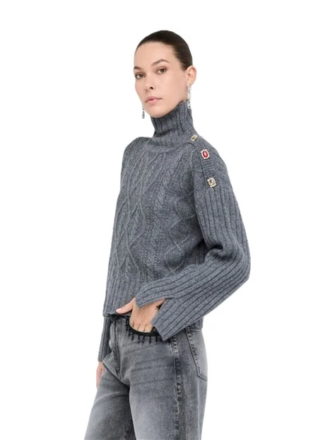 MAGLIA DOLCEVITA DONNA CON LAVORAZIONE A TRECCE E BOTTONI GIOIELLO DONNA GRIGIO