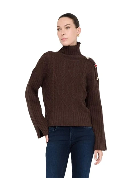 MAGLIA DOLCEVITA DONNA CON LAVORAZIONE A TRECCE E BOTTONI GIOIELLO DONNA MARRONE