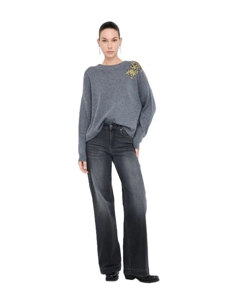 MAGLIA GIROCOLLO CON RICAMI GIOIELLO  DONNA GRIGIO