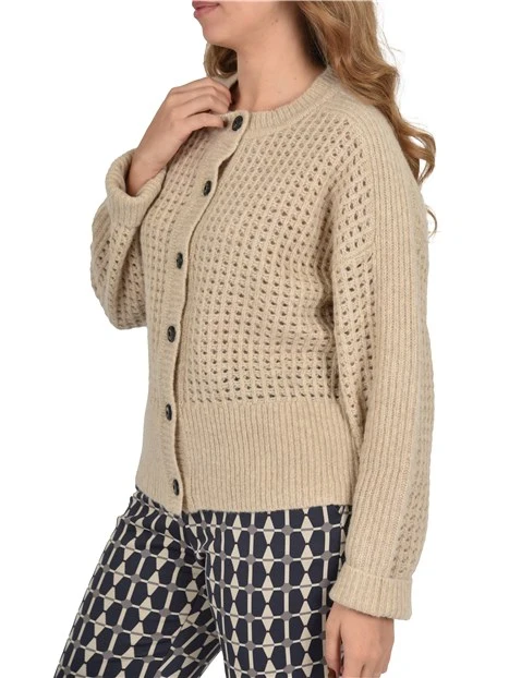 CARDIGAN IN MISTO ALPACA CON LAVORAZIONE A RETE DONNA BEIGE
