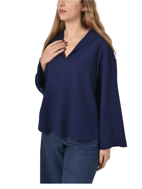 MAGLIA CON SCOLLO A V  IN MISTO LANA VERGINE DONNA BLU