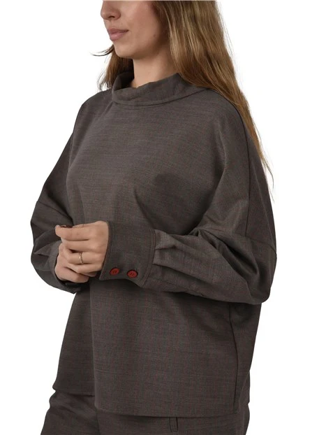 BLUSA IN MISTO LANA CON ALLACCIATURA A BOTTONI POSTERIORE DONNA MARRONE