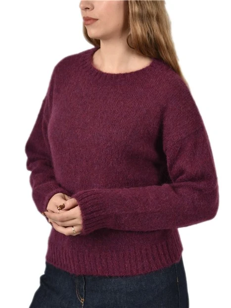 MAGLIA GIROCOLLO IN  MISTO ALPACA CON PROFILI A COSTINE DONNA BORDEAUX