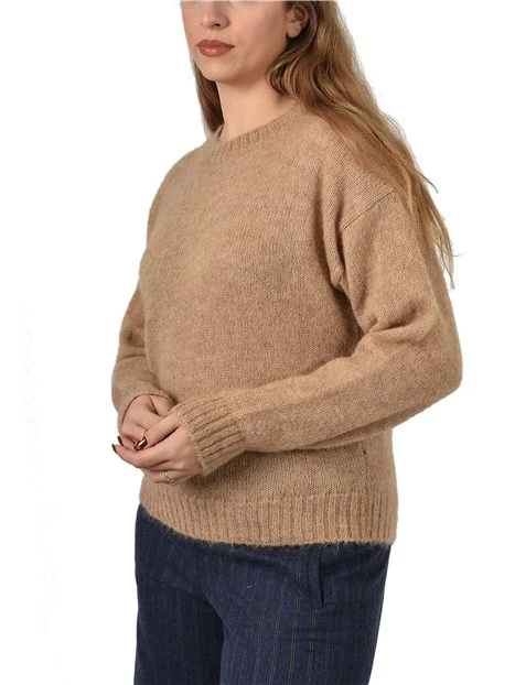 MAGLIA GIROCOLLO IN  MISTO ALPACA CON PROFILI A COSTINE DONNA MARRONE
