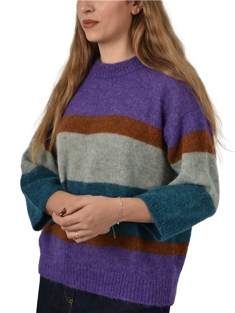 MAGLIA GIROCOLLO IN MISTO ALPACA CON FANTASIA A RIGHE DONNA VIOLA