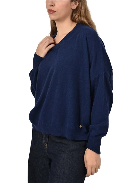 MAGLIA CON SCOLLO A V IN MISTO LANA E CASHEMERE DONNA BLU