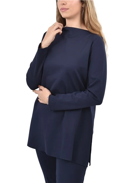 MAGLIA CON SCOLLO A BARCA E SPACCHI LATERALI DONNA BLU