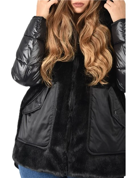 PIUMINO CON INSERTO IN ECOPELLICCIA DONNA NERO