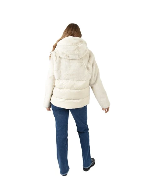 PIUMINO CON CAPPUCCIO E MANICHE IN ECOPELLICCIA DONNA AVORIO