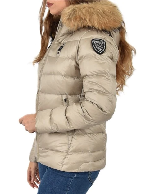 PIUMINO CON CAPPUCCIO FISSO E COLLO IN PELLICCIA REMOVIBILE DONNA BEIGE