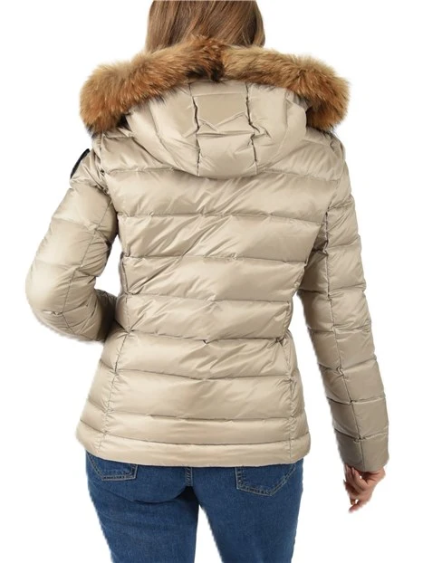 PIUMINO CON CAPPUCCIO FISSO E COLLO IN PELLICCIA REMOVIBILE DONNA BEIGE