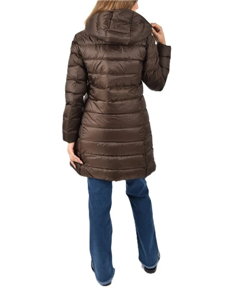 PIUMINO A RIGHE CON CAPPUCCIO DONNA MARRONE
