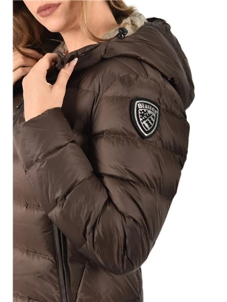 PIUMINO A RIGHE CON CAPPUCCIO DONNA MARRONE