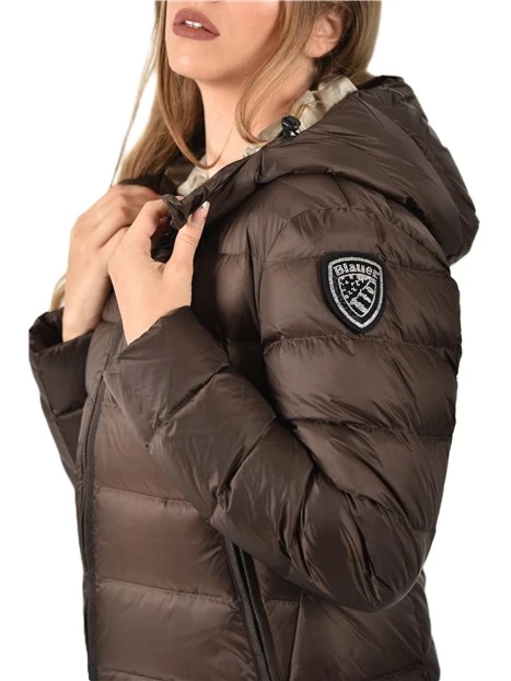 PIUMINO A RIGHE CON CAPPUCCIO DONNA MARRONE