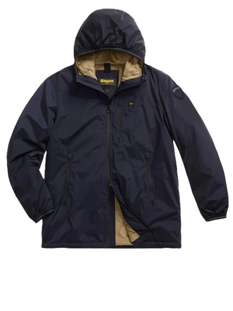 GIACCA IMPERMEABILE CON CAPPUCCIO E INTERNO IN PELLICCIA ECOLOGICA UOMO BLU
