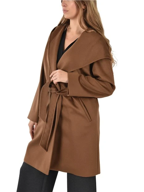 CAPPOTTO CON CINTURA E TASCHE A FILETTONI DONNA MARRONE