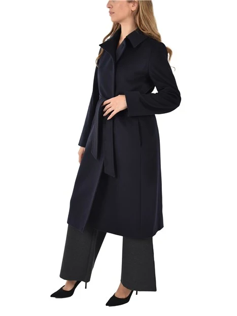 CAPPOTTO LUNGO IN LANA CON CINTURA E SPACCO SUL RETRO  DONNA BLU