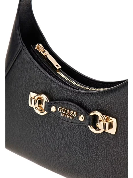 BORSA A SPALLA IN SIMILPELLE CON DETTAGLI DORATI E ZIP SUL RETRO DONNA NERO