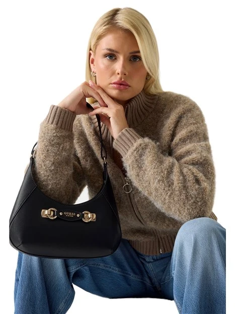 BORSA A SPALLA IN SIMILPELLE CON DETTAGLI DORATI E ZIP SUL RETRO DONNA NERO