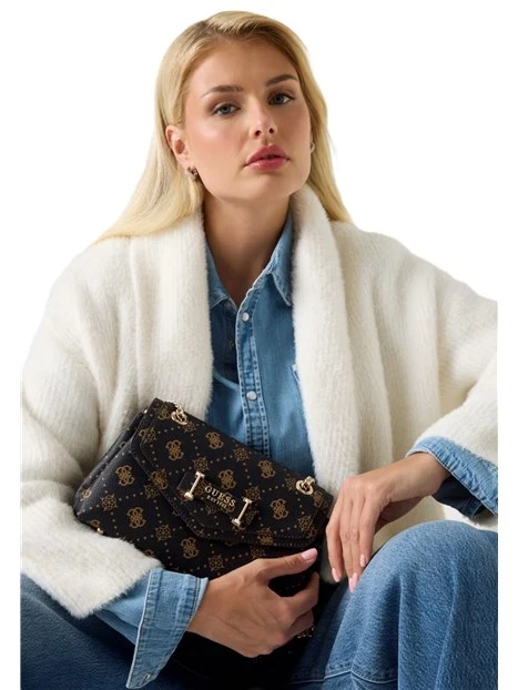 BORSA A SPALLA  CON STAMPA LOGO E CATENA DONNA MARRONE