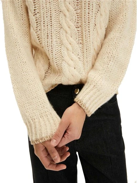 MAGLIA GIROCOLLO IN MISTO LANA E CON TRAMA TRECCE DONNA BIANCO