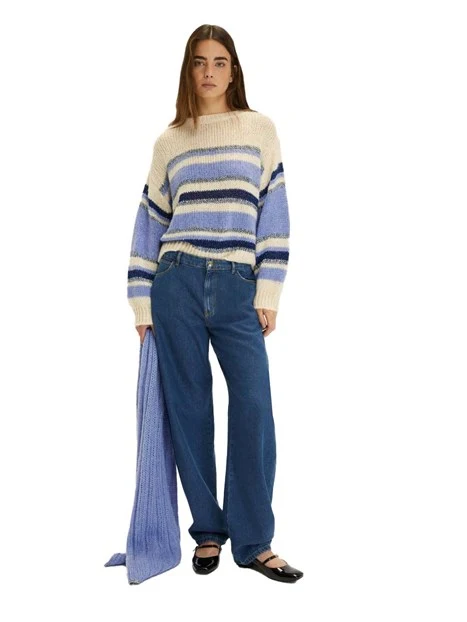 MAGLIA GIROCOLLO MISTO LANA CON LAVORAZIONE A RIGHE BLU