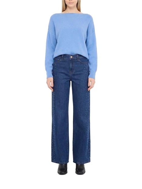 JEANS PALAZZO CON CRISTALLI E BORCHIE DONNA BLU
