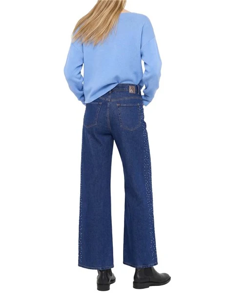 JEANS PALAZZO CON CRISTALLI E BORCHIE DONNA BLU