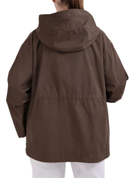 GIACCA IMPERMEABILE IN TWILL TECNICO CON CAPPUCCIO E BOTTONI DONNA MARRONE