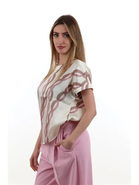 BLUSA SCOLLO A GIRO CON STAMPA DONNA ROSA